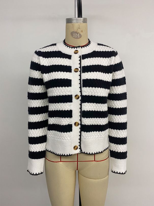 K New Fashionable Casual Knitted Cardigan With Single Breasted Striped Long Sleeved Sweater Jacket_ecoleips.com