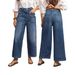 Women's Retro Wide Leg Casual Jeans mid Rise Stretch Distressed Hem Slanted Pockets Cropped Length European American Style_ecoleips.com