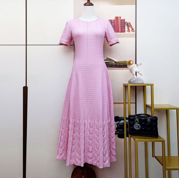 Women's Pearl Embellished Long Dress, Summer Round Neck Short Sleeve Knit Dress, Hollow Out Waist Defining Dress, Vacation/Beach Dress_ecoleips.com