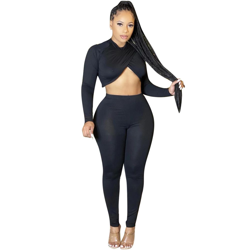 "Women's Long Sleeve Crop Top & Slim Fit Pants Two-Piece Set – Elegant Pleated Ruffles Outfit"_ecoleips.com