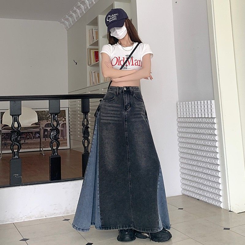 Verve Patchwork Design Wide-Leg Denim Long For Women, High Waist, Spring 2025 New Slimming Versatile Mid-Length A-Line Skirt_ecoleips.com