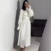 Elegant Wrap Waist Flowy Dress With Puff Sleeves - Long Sleeve Solid Color Midi Dress For Women, Autumn Casual Office Wear_ecoleips.com