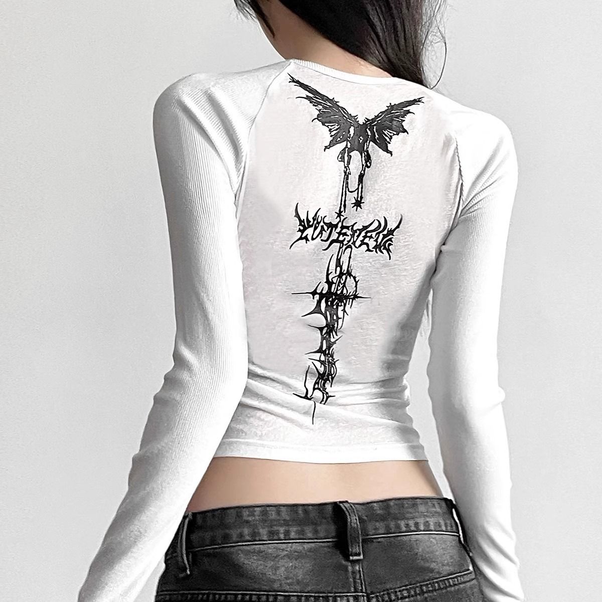 Fashion Street Print Women's Top Long Sleeved round Neck Cropped European American Style Slim Fit Flattering Versatile Wholesale_ecoleips.com