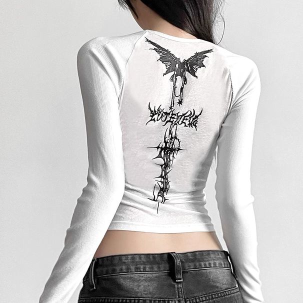 Fashion Street Print Women's Top Long Sleeved round Neck Cropped European American Style Slim Fit Flattering Versatile Wholesale_ecoleips.com