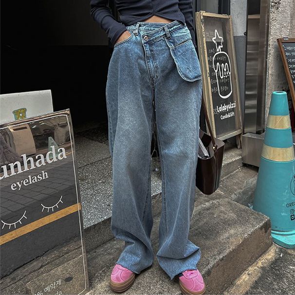 Women's Clothing Early Spring New Fashion Design Oblique Buckle High Waist Large Pocket Loose Straight Jeans_ecoleips.com