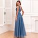 Women’s Clothing Multicolor Splicing Elastic Waist Sleeveless Double V Neck Evening Dress Tulle Embroidery Long Elegant A line Party Dress_ecoleips.com