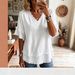New Women's V Neck Pullover Short Sleeve Shirt Loose Fit Casual Top American_ecoleips.com