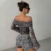 Voya Women's European And American Style Sexy Leopard Print Off Shoulder Trumpet Long Sleeved Top For Women, Slim Fit And Fashionable Short Style_ecoleips.com