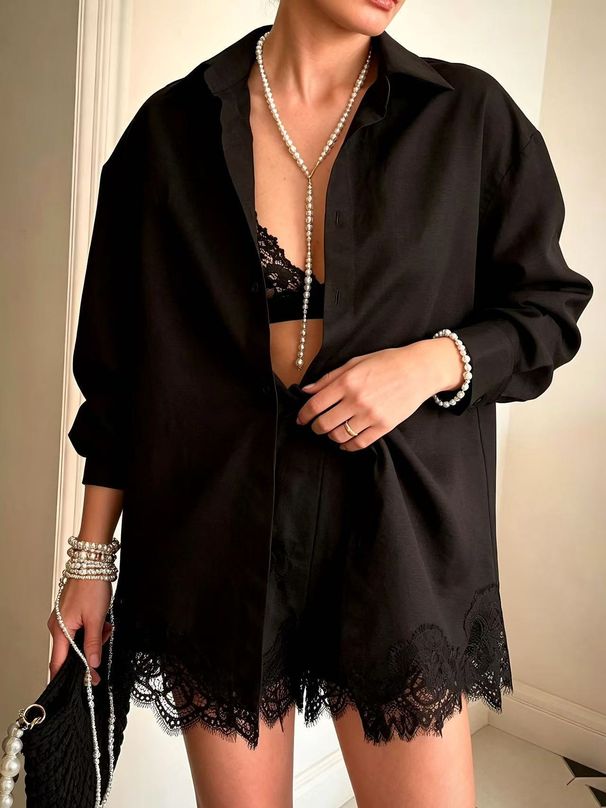 Women's European American Style Lace Patchwork Shirt Shorts Set Summer Sun Protection Breathable Two Piece Casual Fashion_ecoleips.com
