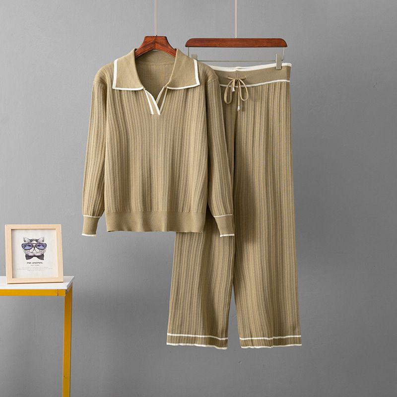 Women's High Waist Knitted Two-Piece Suit - Lapel Contrast Casual Pant Set For Spring & Autumn_ecoleips.com