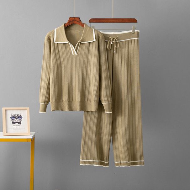 Women's High Waist Knitted Two-Piece Suit - Lapel Contrast Casual Pant Set For Spring & Autumn_ecoleips.com