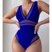 Trendy V-Neck One-Piece Swimsuit For Women - Sexy High-Waisted Slim Fit Bathing Suit, Comfortable Swimwear For Pool & Beach (Black/Blue, S/M/L)_ecoleips.com