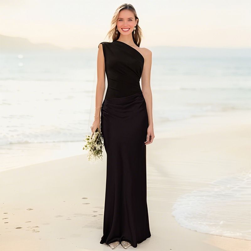 Women's Clothing Elegant Fashion Sleeveless Long Dress Solid Color Asymmetrical Neckline Casual Formal Bias Cut Satin_ecoleips.com