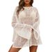 Women's Clothing Sexy Knitted Summer Beach Shirt Loose Fit Lightweight Sheer Cover Up Swimsuit With Slit_ecoleips.com