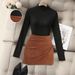 2-piece Autumn Women's Solid Color High-neck Long-sleeve T-shirt And Pleated Short Skirt Casual Two-piece Set, Suitable_ecoleips.com