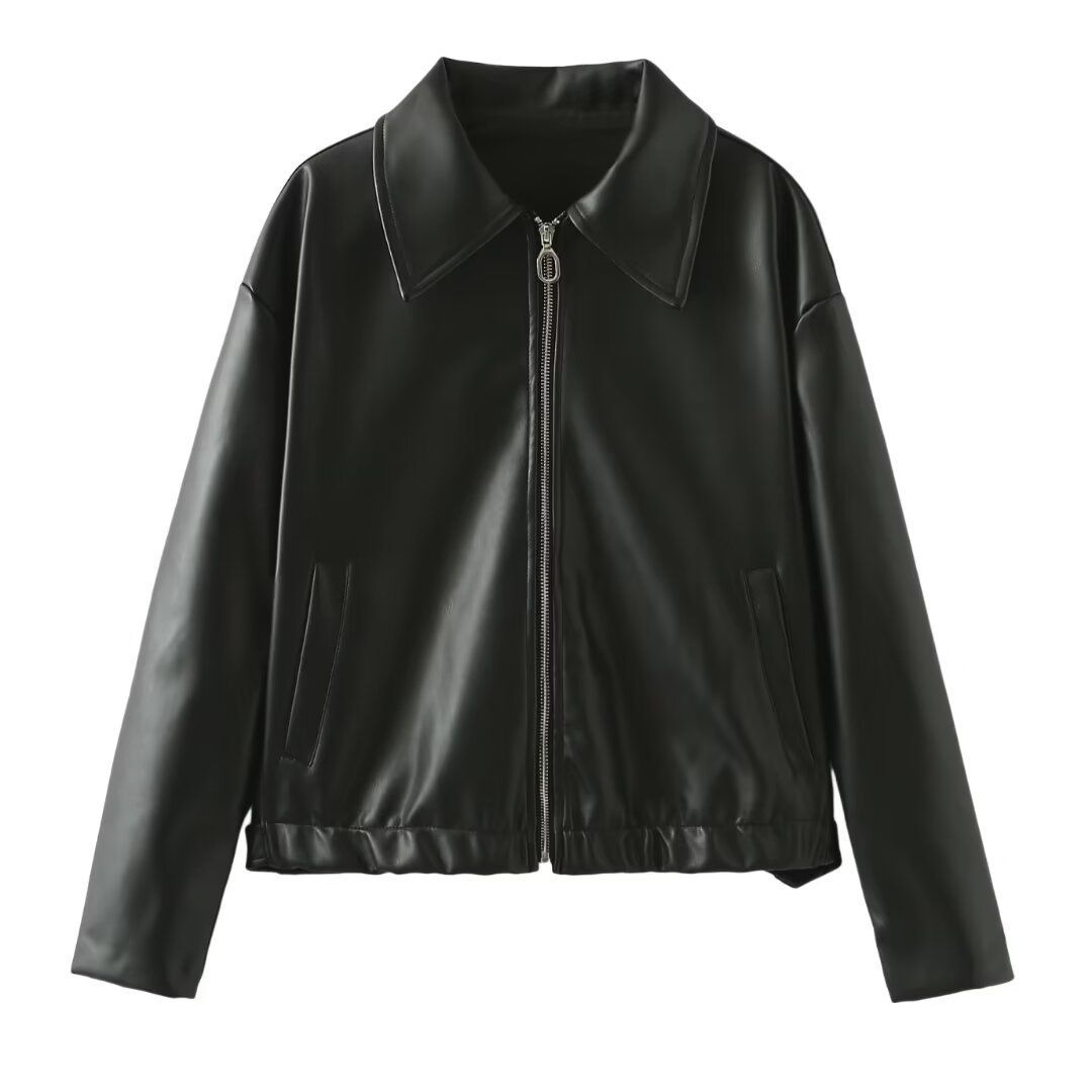 Vintage-Inspired PU Leather Jacket For Women – Slim-Fit Biker Style With Zipper Detail (Black/Burgundy, S-L)_ecoleips.com
