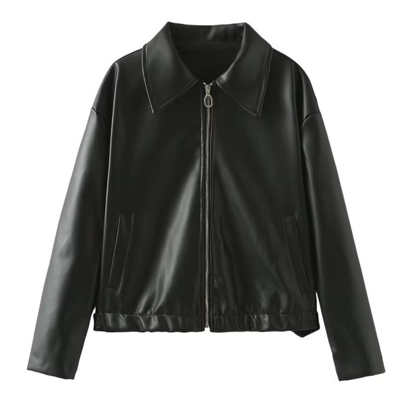 Vintage-Inspired PU Leather Jacket For Women – Slim-Fit Biker Style With Zipper Detail (Black/Burgundy, S-L)_ecoleips.com
