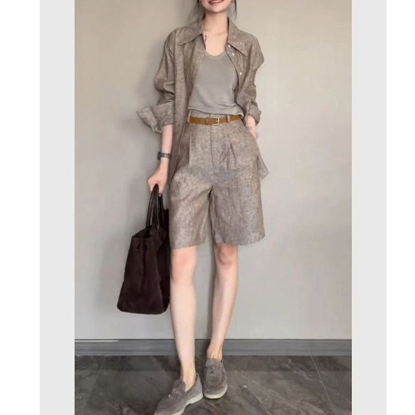 Women's High End Shirt Set Summer Casual Loose Fitting Vintage Style Trendy Whole Set_ecoleips.com