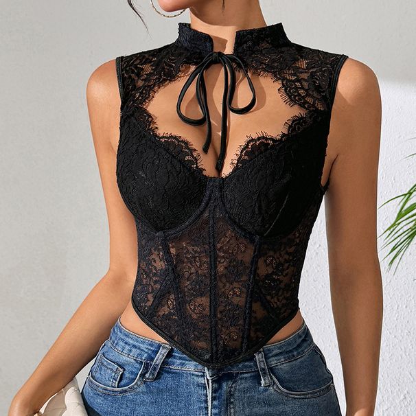 K European And American Style Lace Fishbone Steel Ring Vest, Hot And Spicy Style Top, Waist Cinched Fishbone Outer Strap, Camisole, Small Vest_ecoleips.com