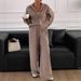 Relaxed Linen Blend Lounge Set, Oversized Long Sleeve Shirt And Wide Leg Pants Two-Piece Outfit For Comfortable Casual Wear_ecoleips.com