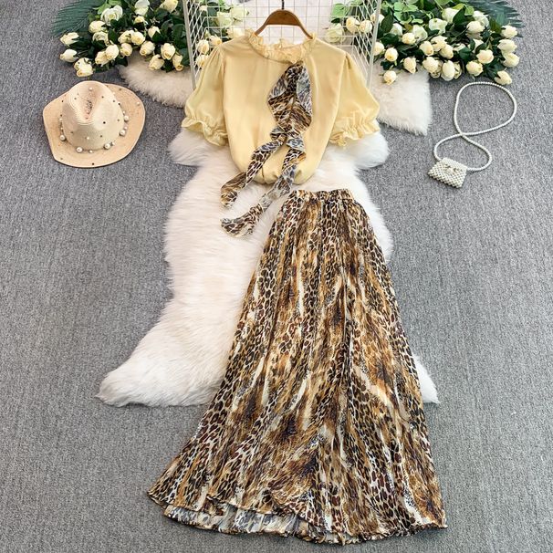 Women's Clothing Retro Temperament Three Dimensional Flower Round Neck Puff Sleeve Top High Waist Slim Leopard Print Skirt Two Piece Set_ecoleips.com