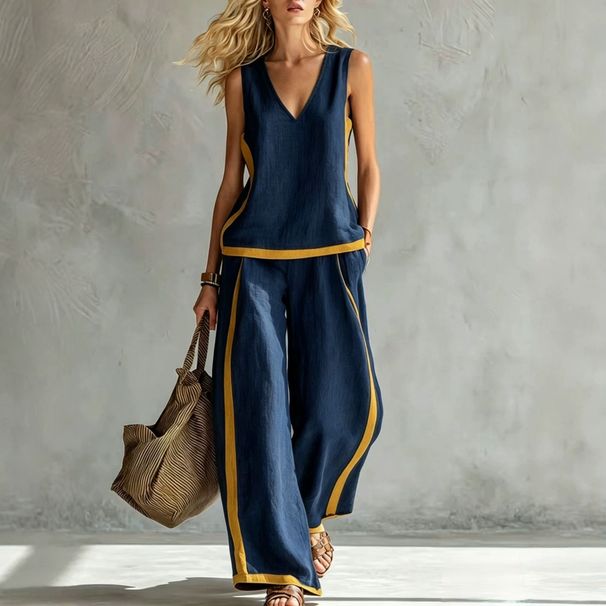 Women's Summer Casual Fashion Color Block Wide Leg Pants Set Sleeveless Two Piece Set European And American Style Trendy Cross Border_ecoleips.com