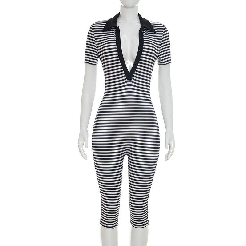 Women's Striped Print Jumpsuit Capri Pants Short Sleeved Tight Fitting Cross Border Hot Girl Style European American Foreign Trade D26JP197_ecoleips.com