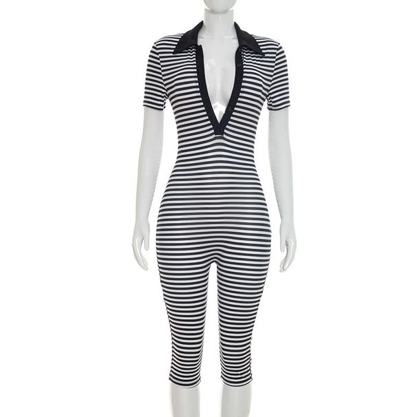 Women's Striped Print Jumpsuit Capri Pants Short Sleeved Tight Fitting Cross Border Hot Girl Style European American Foreign Trade D26JP197_ecoleips.com