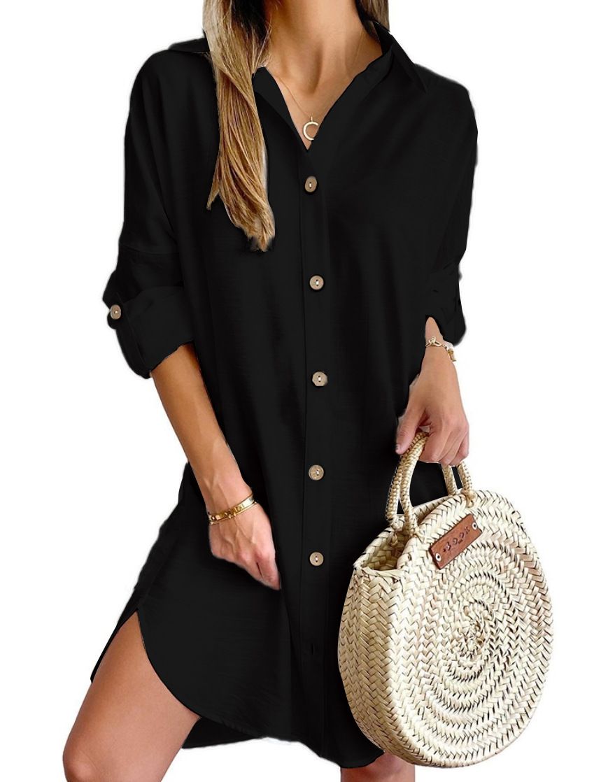 Solid Color Button Front Shirt Dress Casual Long Sleeve Lapel Dress For Spring & Fall Women's Clothing_ecoleips.com