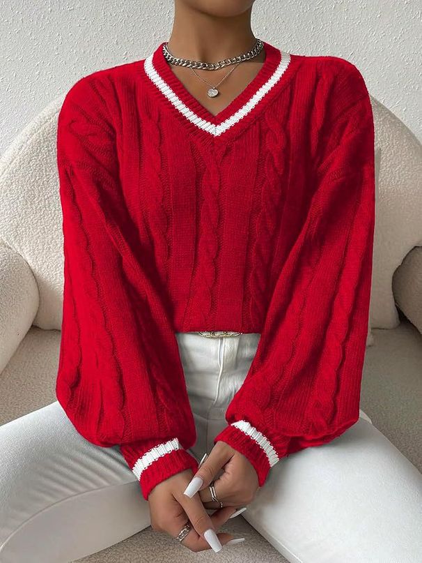 Chic Contrast Cable Knit Sweater For Women - Oversized V-Neck Long Sleeve Pullover With Lantern Sleeves, Soft Acrylic Blend, Autumn Winter Essential_ecoleips.com