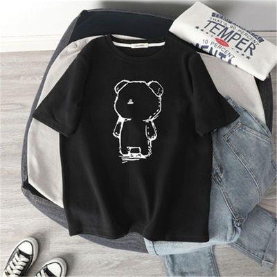 Women's Bear Design T-Shirt Short Sleeve Loose Fit Mid-Length Summer Style Versatile Trendy Top for Students_ecoleips.com