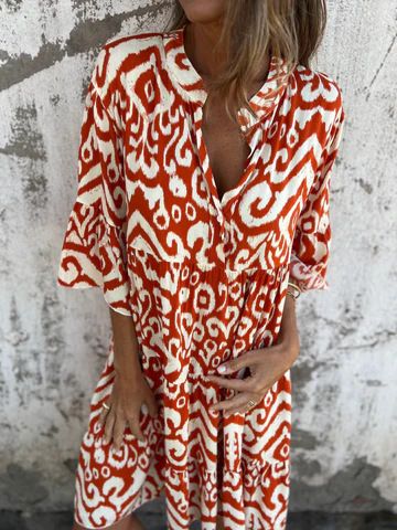 Women's Clothing Spring And Summer New Casual V Neck Printed Pleated Dress_ecoleips.com