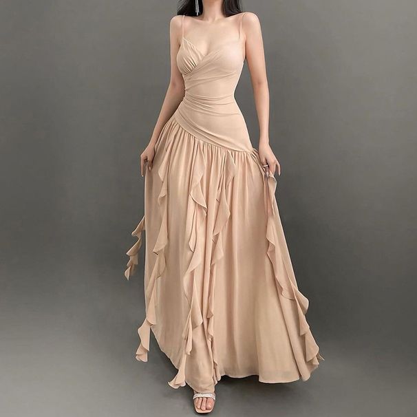 2025 Summer New Women's French Style Elegant Spaghetti Strap Slim Evening Dress With Wavy Hem_ecoleips.com
