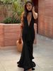 Hugcitar V Neck Ruffles Solid Backless Lace Up Ruched Patchwork Lace Sexy Maxi Dress Women Fashion Y2K Outfits Party Vacation_ecoleips.com