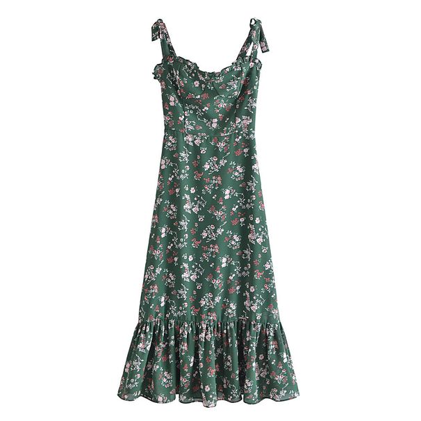 YPFF Trendy Women's European And American Style Vintage Small Floral Print Slim Fit Large Hem Tie-Waist Long Dress_ecoleips.com