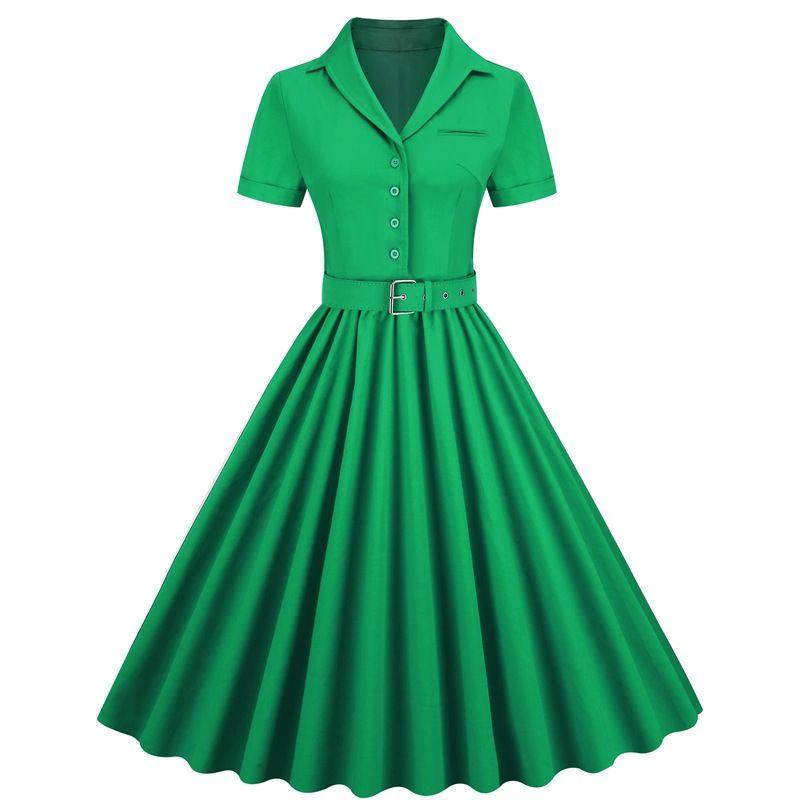 European And American Style Women's Dress Short Sleeve Retro Solid Color Large Flared Puff Skirt Summer New 2025_ecoleips.com