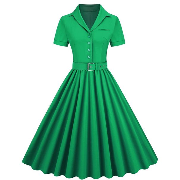 European And American Style Women's Dress Short Sleeve Retro Solid Color Large Flared Puff Skirt Summer New 2025_ecoleips.com