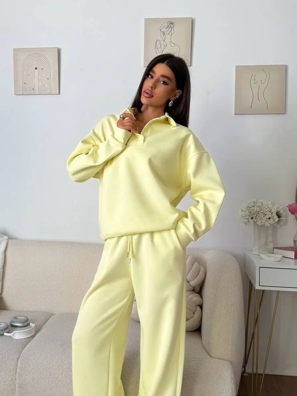 Casual Sports Women's Suit Solid Color Long Sleeve Button Lapel Pullover Sweater Lace-Up Pants Two-piece Set_ecoleips.com