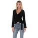 Voya Women's French Style Niche Design Top, Women's Black V-neck Long Sleeved Waist Cinched Knit Shirt With Chest Tie_ecoleips.com