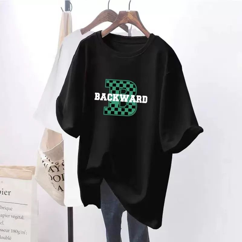 Mid Length White Short Sleeved T Shirt For Women, Plus Size, Loose Fit, Letter Print, Versatile, Short Sleeved, Trendy Summer Style._ecoleips.com