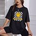 Women's Casual Loose T-Shirt round Neck Short Sleeve Smiley Face Black White Checkered Print Simple Sports Top European American Style_ecoleips.com