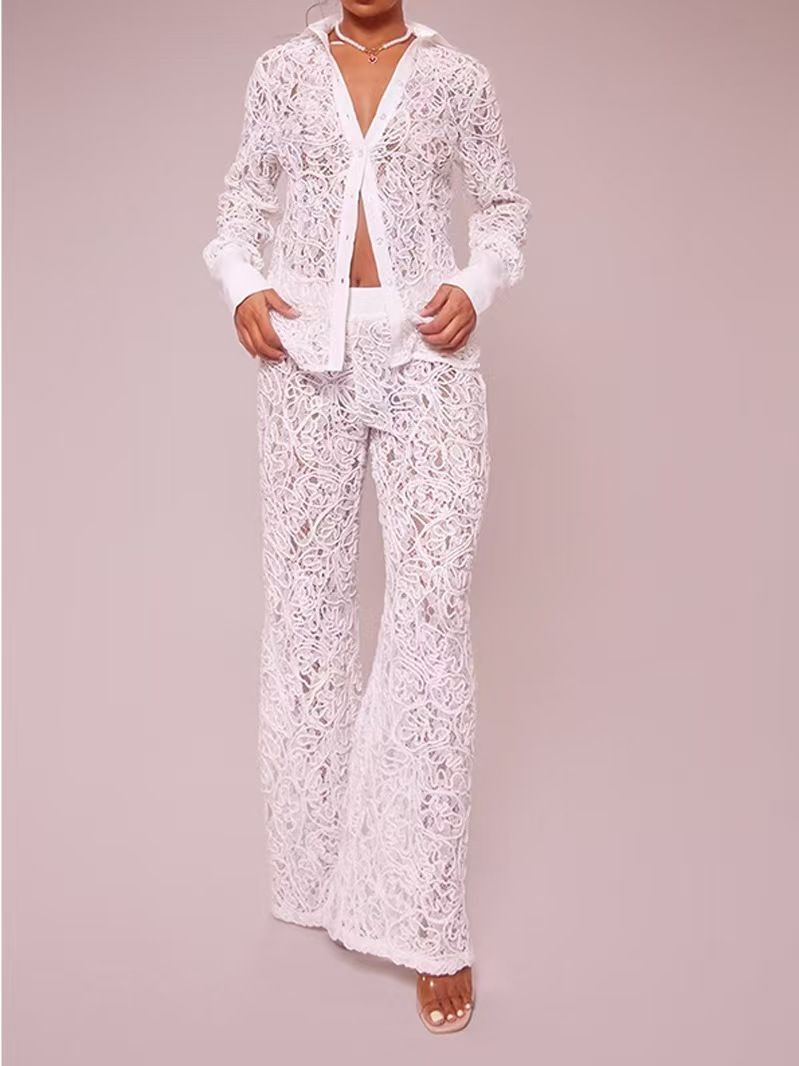 Women's Clothing Hollow Front Open A Row Of Buttons Jacquard Lace Slim Sexy Suit_ecoleips.com