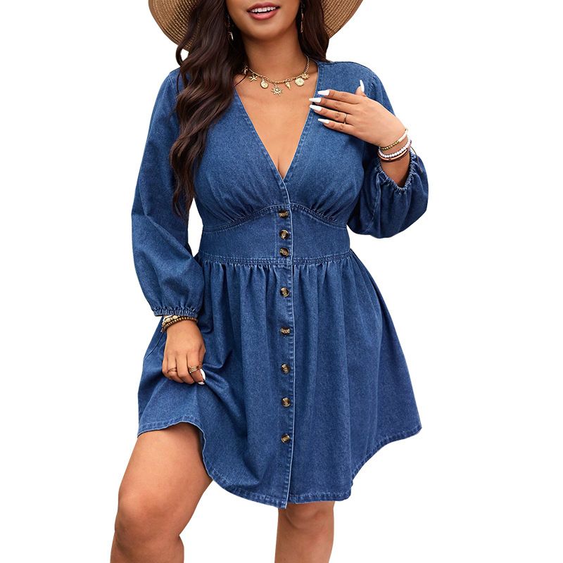 Women's plus Size Denim Dress V Neck Slim Waist Casual Fashion Mid-Length Slimming Effectiveness_ecoleips.com