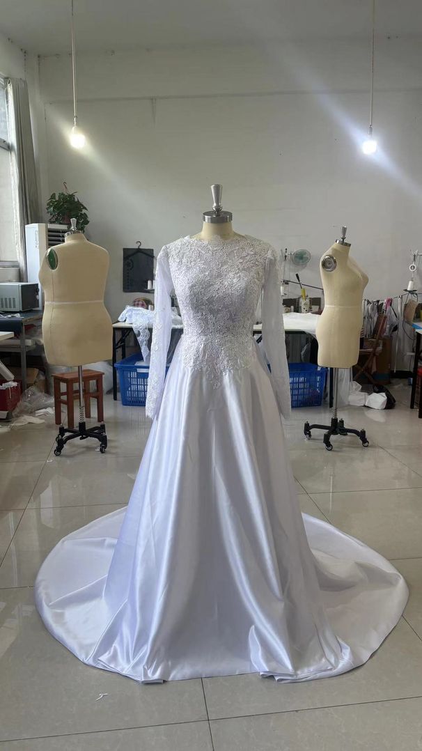 Women's Clothing Wedding Dress Round Neck Lace Long Sleeve Satin New Slim Size Can Be Customized_ecoleips.com