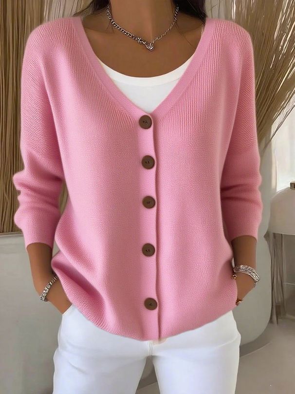 Elegant V-Neck Button Cardigan For Women - Lightweight Knit Sweater With Relaxed Fit, Versatile Layering Piece (S-5XL, 7 Colors)_ecoleips.com