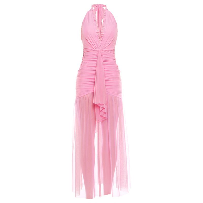 Women's Summer Fashion Low Cut V Neck Halter Patchwork Dress Sweet Temperament Casual Clothing_ecoleips.com