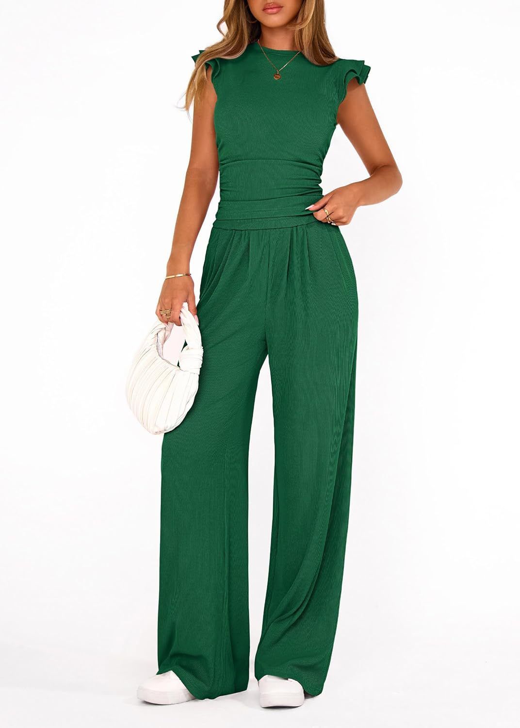 Women's Summer Two-Piece Outfit – Flowy Palazzo Pants With Ruffled Top (S-Xxl) – Casual & Elegant Polyester Set In 7 Colors_ecoleips.com