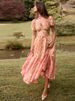 Printed Gradient Pleated Midi Dress Women Short Sleeve Slim Square Collar Belts A-line Vacation Dresses Backless Summer Robe_ecoleips.com