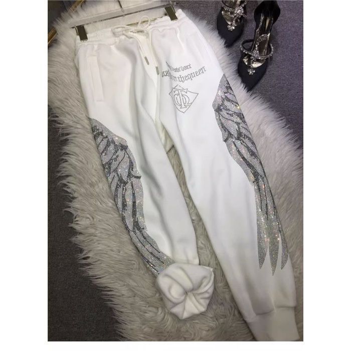 Aria Basics 1.0-150kg Plus Size Winter Fleece Lined Heavy Duty Rhinestone Sweatpants With Wings Slimming Sports Casual Long Pants_ecoleips.com