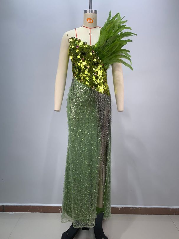Women's Clothing Bright Beads Feather Tassel Diamond Chain Crystal Pendant High Waist Slim Fit Long Evening Dress_ecoleips.com